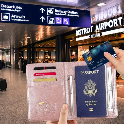Vista 2 de RSAquar Combo de portatarjetas de pasaporte y vacunación, funda de pasaporte, funda de cuero para tarjetas de viaje, accesorios con bloqueo RFID
