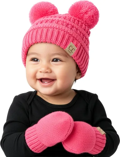 Vista 25 de Funky Junque Conjunto de gorro y mitones con doble pompón de pelo sintético para bebé – Gorro de invierno para recién nacidos de 0–9 meses