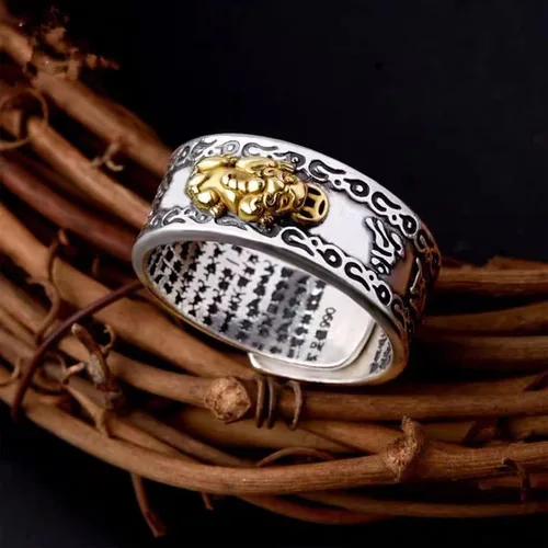 Vista 3 de DIOWUS Feng Shui Pixiu Mantra anillo ajustable vintage anillos para hombres budistas buena suerte amuleto mantra doble protección riqueza amor salud