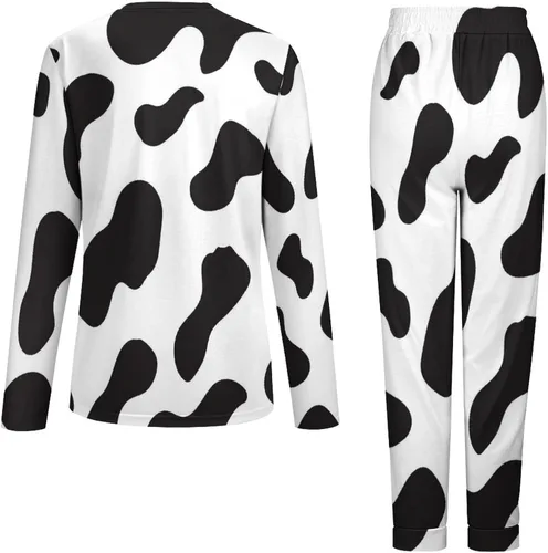 Vista 4 de Conjunto de pijama de dos piezas para mujer, estampado de vaca, color blanco y negro, 2XL