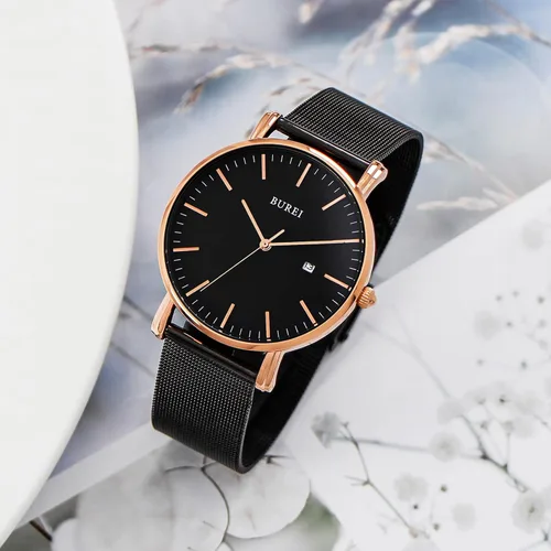 Vista 2 de BUREI - Reloj de pulsera analógico para hombre con fecha, extensible de malla de acero inoxidable