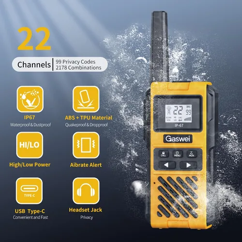 Vista 2 de Gaswei G1pro IP67 Walkie Talkies impermeables FRS para adultos de largo alcance, recargables con vibración, radios bidireccionales de emergencia