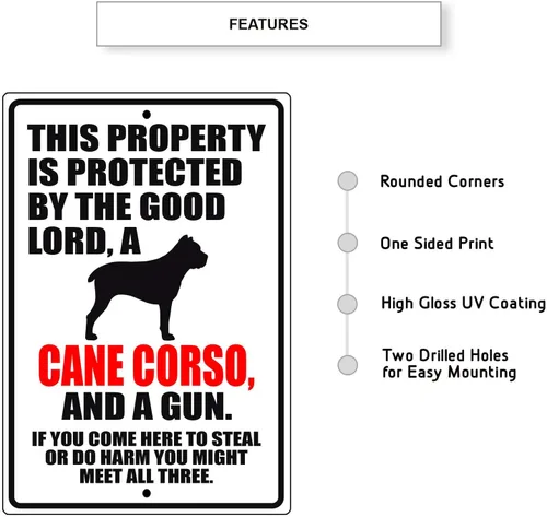 Vista 2 de This Property is Protected by The Good Lord A Cane Corso Dog Unique Novelty Precaution Aviso de advertencia al aire libre Letrero de metal