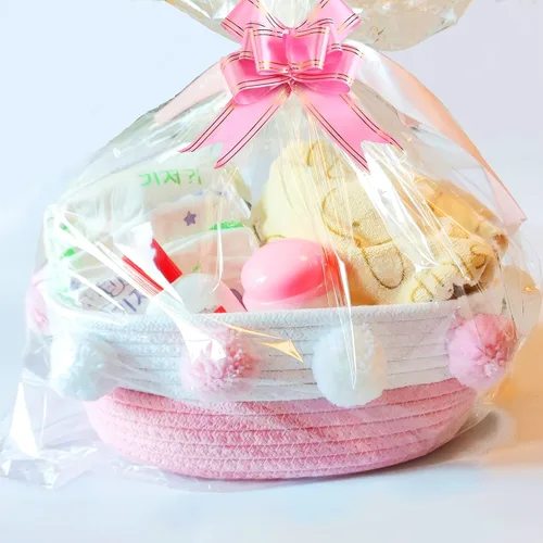 Vista 8 de Cesta de regalo vacía para llenar con bolsa, lazo para tirar, tarjeta de felicitación y cinta para mujeres bebés, cesta de regalo rosa para baby