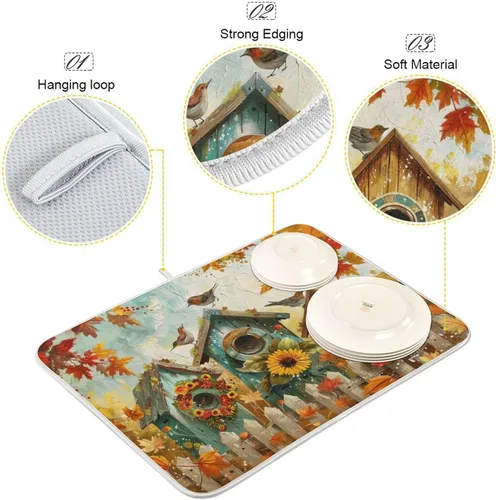 Vista 4 de Tapete de secado de platos de 16 x 18 pulgadas para encimera de cocina, hojas de arce y hojas de arce, tapete de microfibra reversible para secar