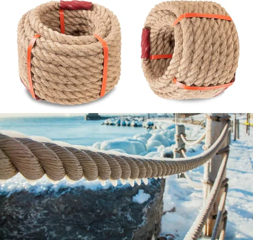 Vista 6 de Cuerda Manila de yute natural, 1 1/2 pulgadas x 49 pies, cuerda de cáñamo de fibra trenzada de 4 hebras para deportes, decoración, juguetes