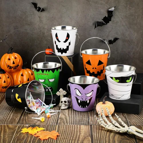 Vista 2 de Tioncy 6 cubos de calabaza de Halloween a granel de metal para trucos o golosinas, cubo de recuerdos de fiesta con asa, cubo pequeño de calabaza