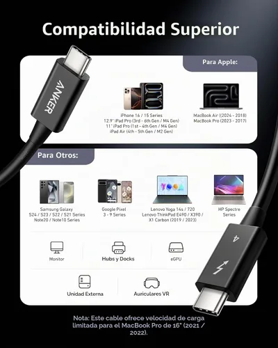 Vista 7 de Anker Cable Thunderbolt 4 USB C a USB C (240 W, 2.3 pies)