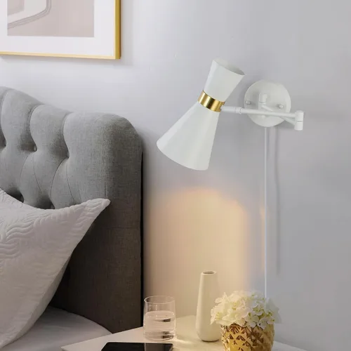 Vista 2 de Moderno aplique de pared con brazo oscilante, lámpara de pared enchufable para mesita de noche, accesorios de pared universales ajustables e