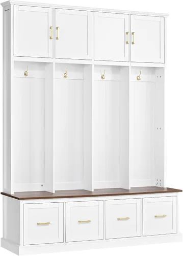 Vista 9 de JIVOIT Farmhouse Wood Hall Tree with Coat Hooks, Cabinets, 4 Drawers, Hooks (Ancient White/ 091)
