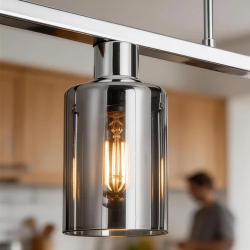 Vista 8 de Iluminación de isla de cocina de 4 luces, lámpara cromada para comedor, luz de isla para colgar sobre la mesa para candelabros lineales de granja