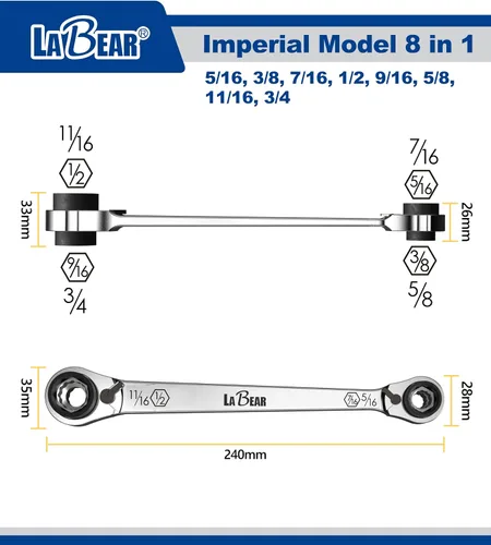 Vista 2 de LABEAR Llave de trinquete reversible de doble extremo SAE 8 en 1