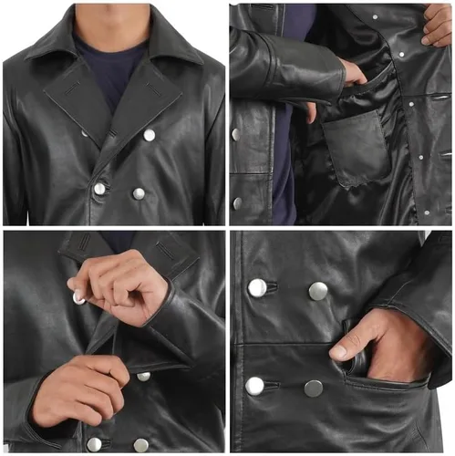 Vista 5 de LP-FACON Gabardina de cuero para hombre, estilo vintage, alemán, clásica, de la Segunda Guerra Mundial,