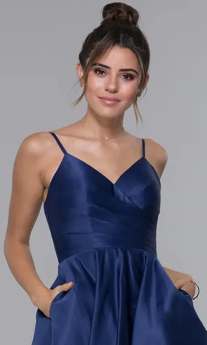 Vista 3 de Vestidos cortos de fiesta de exalumnos con bolsillos, línea A, de satén fruncido, vestidos formales de cóctel para baile de graduación