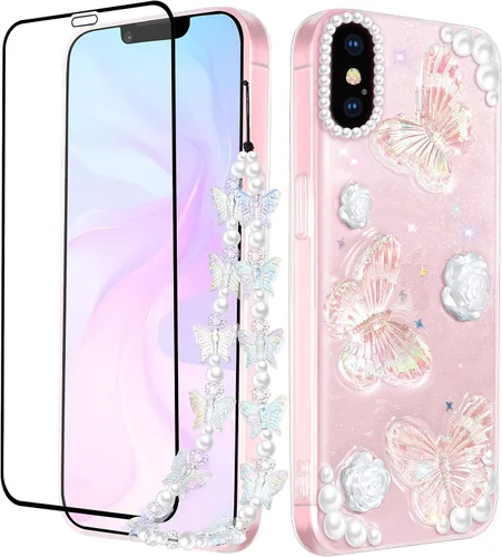 Vista 9 de Funda 3 en 1 para iPhone SE/7/8: diseño de mariposa 3D, purpurina, brillante, cristal, estilo lindo femenino, cadena y protector de pantalla