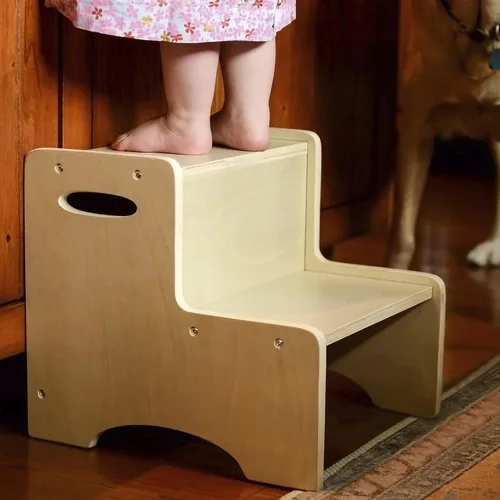Vista 9 de WOOD CITY Taburete de Paso de Madera para Niños Pequeños, Taburete para Baño y Cocina, Taburete Natural de Dos Niveles para Dormitorio, Taburete