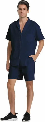 Vista 15 de RPOVIG Conjunto corto de camisa de lino: conjunto casual de 2 piezas con botones para hombre