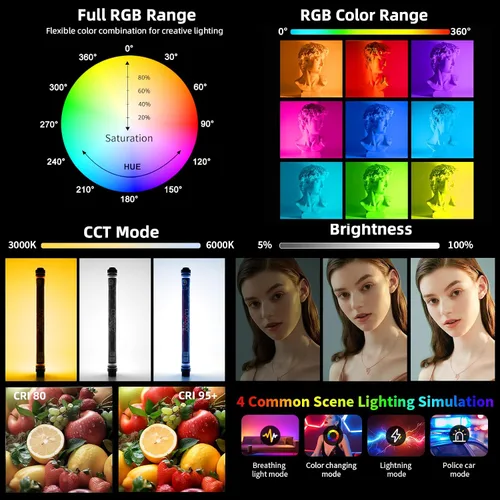 Vista 2 de Luz de fotografía de mano profesional LED de video varita de luz 12 modos de iluminación, atenuación continua, CRI≥95 IP68 impermeable con batería