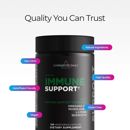 Vista 3 de Livingood Daily Suplemento de apoyo inmunológico, fórmula 4 en 1 con aceite de orégano, monolaurina, L lisina y quercetina, salud intestinal
