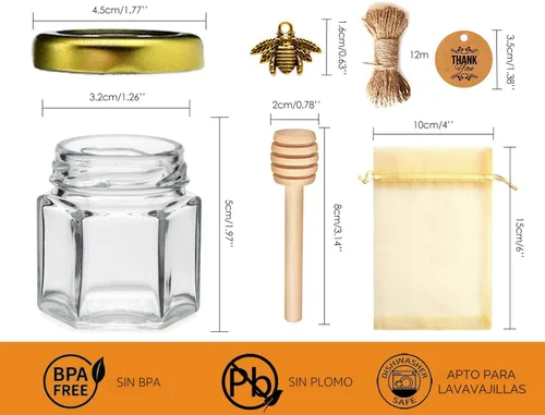 Vista 2 de Adabocute Mini tarros de miel – Tarro hexagonal de miel de vidrio con tapas doradas, cubos de madera, abalorios de abeja y yutes – Pequeños tarros