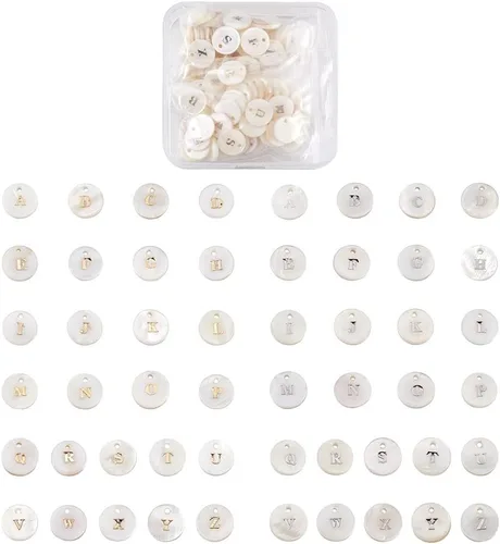 Vista 8 de Beadthoven - 104 dijes de letras del alfabeto de perlas de agua dulce naturales, redondos, dorados, redondos, del alfabeto A-Z, para bricolaje
