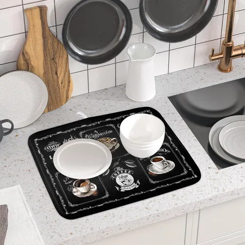 Vista 6 de Giwawa Tapete de secado de platos de café, vintage, antifatiga, taza de expreso, máquina de frijoles negros, tapete escurridor de platos, protector