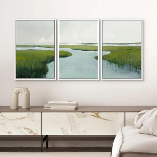 Vista 3 de SIGNWIN Lienzo enmarcado para pared, juego de arte sereno de pantanos con humedales verdes e ilustraciones de agua tranquila, arte moderno