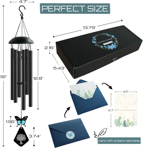Vista 3 de Campanillas de viento conmemorativas para la pérdida de un ser querido, campanillas de viento de 32 pulgadas de simpatía de mariposa para pérdida