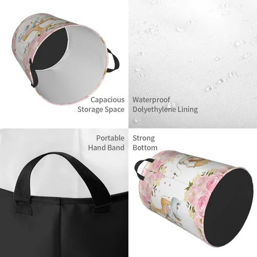 Vista 3 de Cesta de lavandería personalizada con diseño de jirafa, león y flores rosadas, con asas, impermeable, para decoración de dormitorio y baño.