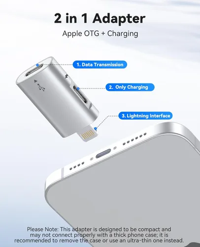 Vista 2 de ORICO Adaptador Lightning a USB con puerto de carga, USB C hembra a Lightning macho para iPhone 14, 13, 11, 12 Pro Max, compatible con soporte