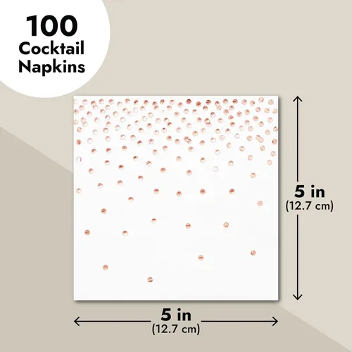 Vista 6 de Juvale Servilletas de cóctel con confeti de oro rosa, 5 x 5 pulgadas, 100 unidades, desechables de 3 capas, papel de aluminio con lunares
