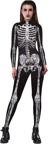 Vista 16 de Disfraz de esqueleto de calavera para Halloween para mujer, overol elástico y ajustado Skull Skeleton Costume Jumpsuits Stretch Skinny Catsuit