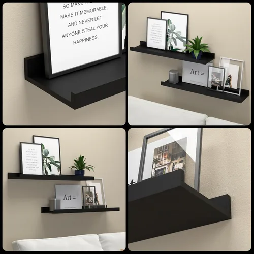 Vista 6 de RICHER HOUSE Juego de 3 estantes flotantes para pared, estantes negros de 16 pulgadas para montar en la pared con borde para almacenamiento, estante