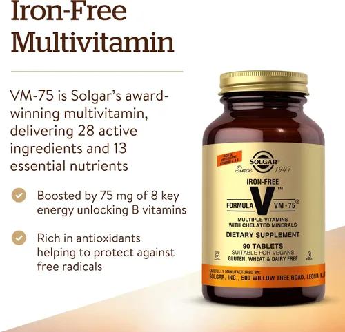 Vista 3 de Solgar Fórmula sin hierro VM-75, 90 tabletas – Multivitamínico con minerales quelados – Vitamina A, B6, B12, C, D, E – Biotina, magnesio, calcio
