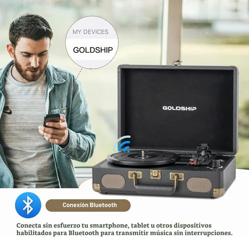Vista 4 de Tocadiscos de vinilo portátil de 3 velocidades con Bluetooth con batería recargable, diseño retro de maleta, salida de línea Aux in/RCA y puertos