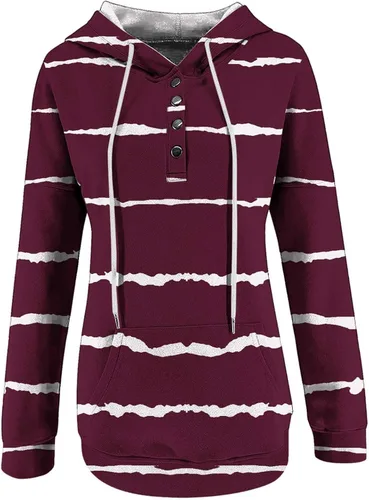 Vista 5 de Aymnlox Camisa a rayas blancas y negras para mujer, casual, con cordón, manga larga, sudaderas con botones elegantes