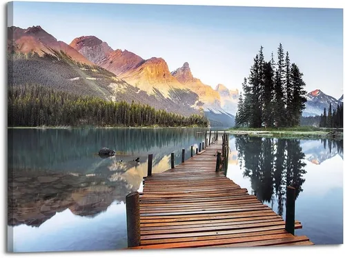 Vista 9 de Arte de Pared en Lienzo de Paisaje de Lago: Pintura Moderna Relajante del Horizonte al Atardecer, Impresión Simple y Natural de Barco y Juncos