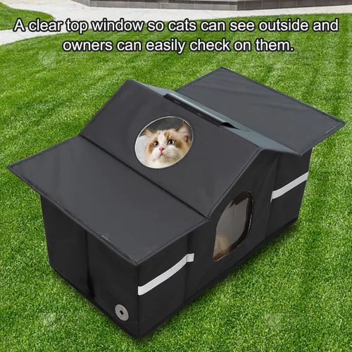 Vista 4 de Casa para gatos al aire libre resistente a la intemperie, refugio aislado para gatos para exteriores con ventana de techo, 100% impermeable, puerta