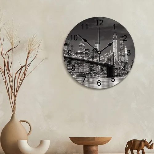 Vista 6 de Brooklyn Bridge - Reloj de pared iluminado con diseño de horizonte de la ciudad de Nueva York, 10 pulgadas, funciona con pilas, reloj de pared
