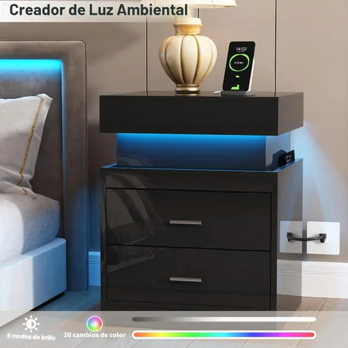 Vista 4 de ChooChoo Mesita de noche LED con estación de carga, mesita de noche inteligente con almacenamiento superior deslizante, mesa de noche de alto brillo