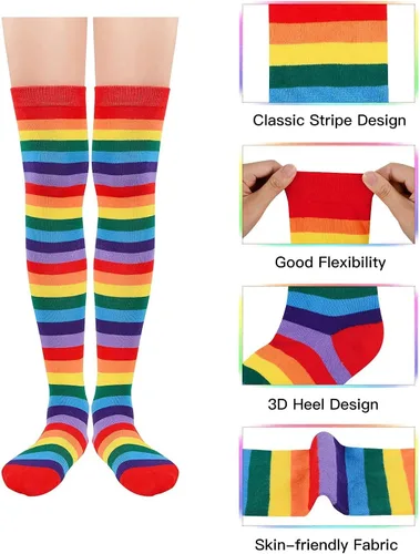 Vista 4 de Century Star Calcetines altos hasta el muslo, medias atléticas a rayas para mujer, calcetines largos de tubo por encima de la rodilla, calcetines