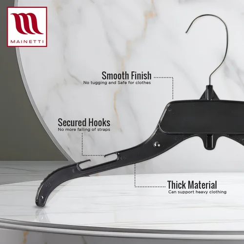 Vista 6 de Mainetti 485 - Ganchos de plástico negro con garfio giratorio de metal y muescas para tirantes, ideal para camisas, tops y vestidos, miden 38 cm
