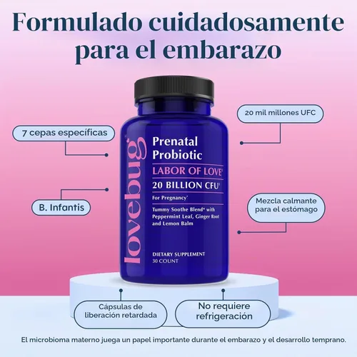Vista 4 de LOVEBUG Probiótico prenatal Ayuda con las náuseas, la acidez estomacal y la digestión Ayuda al microbioma del bebé Variedad múltiple de 20 mil