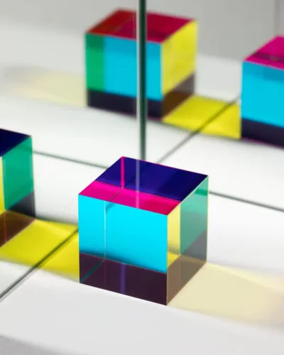 Vista 7 de Twiddler Toys Color Mixing Cube with Display Stand – 2 Inch (50mm) Cyan, Yellow, & Magenta Acrylic Prism Optical Physics Desk Decor – Satisfying