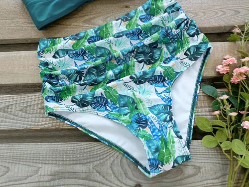 Vista 6 de SPORLIKE - Traje de baño de cintura alta para mujer, bikini de dos piezas con control de abdomen y parte superior triangular Hojas