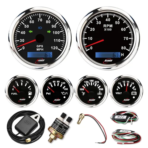 Vista 14 de RACETECH Juego de 6 instrumentos – Velocímetro GPS de 85mm (3-3/8") 120 MPH y Tacómetro 8000 RPM – 90° 52mm (2-1/16") Medidores de combustible, Negro