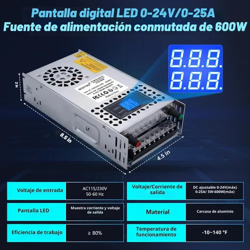 Vista 2 de Fuente de alimentación CC ajustable de 24V 600W, fuente de alimentación conmutable CA 110V/220V a CC 0-24V convertidor CC con pantalla digital LED