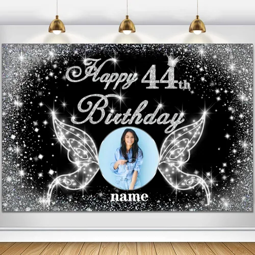 Vista 116 de Cartel personalizado de decoración de fiesta de cumpleaños número 100 - tema de alas de ángel - negro y plateado HY-NLK-100º