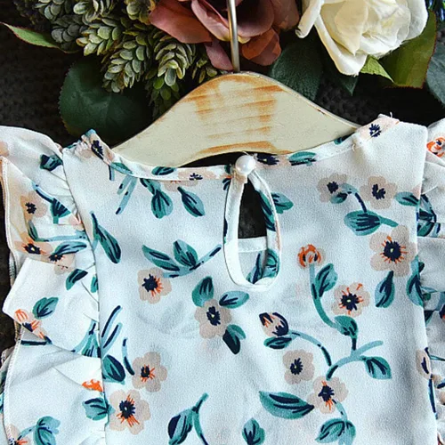 Vista 8 de Conjunto de ropa de verano para bebés y niñas de 2 a 7 años con estampado de flores y pantalones cortos con cinturón
