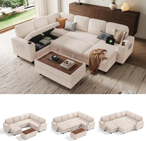 Vista 27 de LINSY HOME Sofá cama seccional con sofá cama extraíble para sala de estar (azul) Plush Corduroy